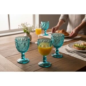 HomeGoods Glass Goblet Set 4 Turquoise Very Good Embossed Beaded Wine Water